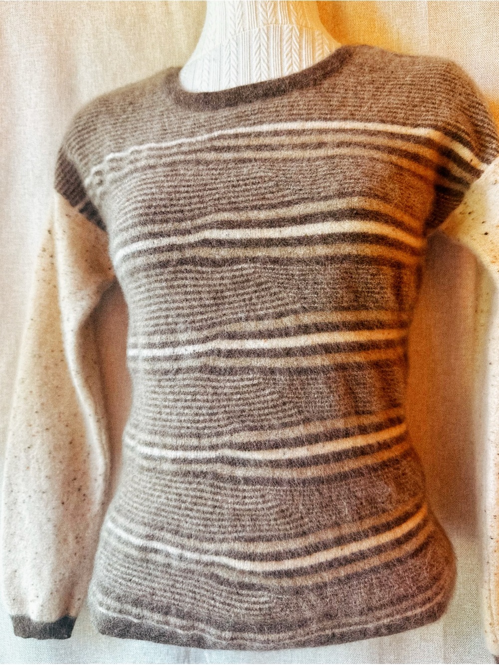 🐕☕🤎 Latte & Cream Stripe 100% Cashmere Sweater | Size L